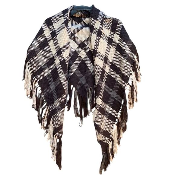 Free People Black/Gray/Cream Plaid Check Shawl/Scarf/Topper. OS. EUC! - Picture 1 of 4